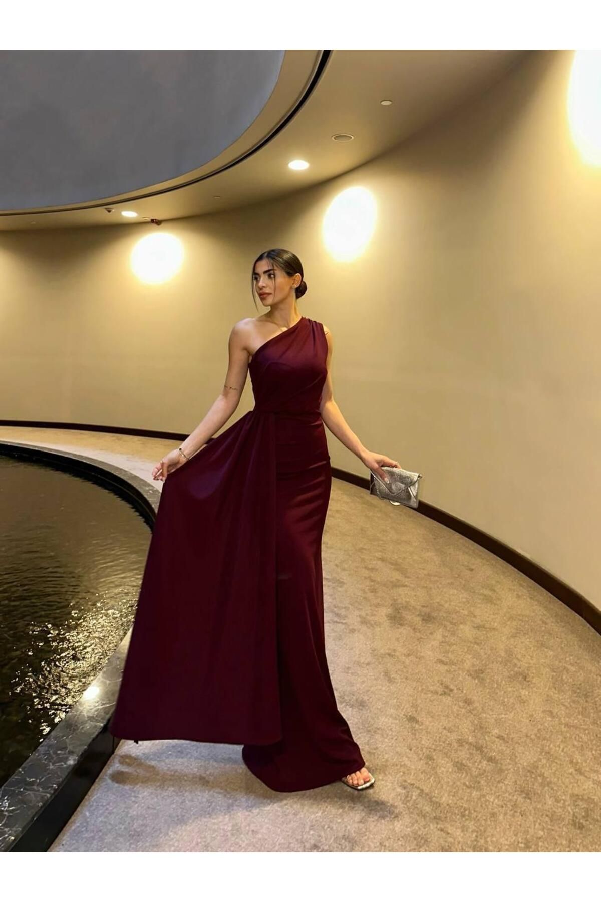 Adel One Shoulder Long Elegant Dress Burgundy