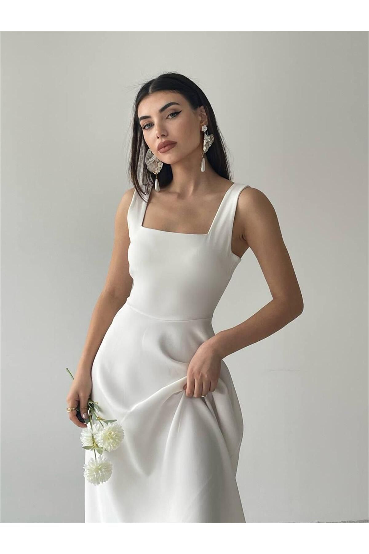 Colliope Square Neck Midi Length Dress -00037 - White