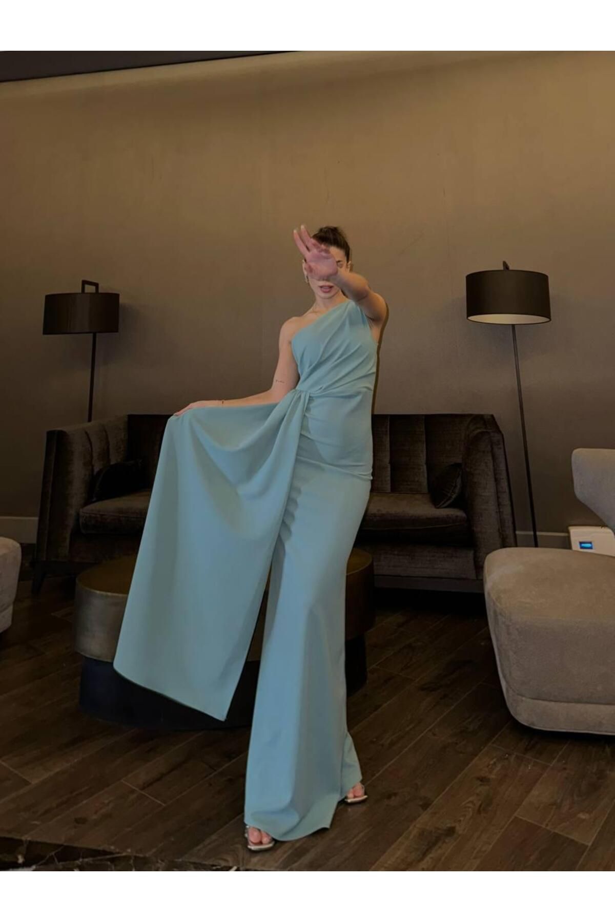 Adel One Shoulder Long Elegant Dress Aqua Green