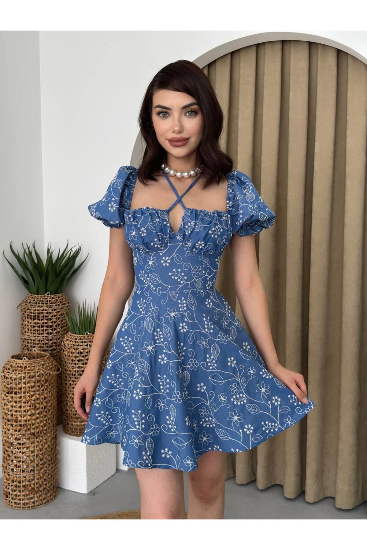 Embroidery Balloon Sleeve Mini Blue Dress