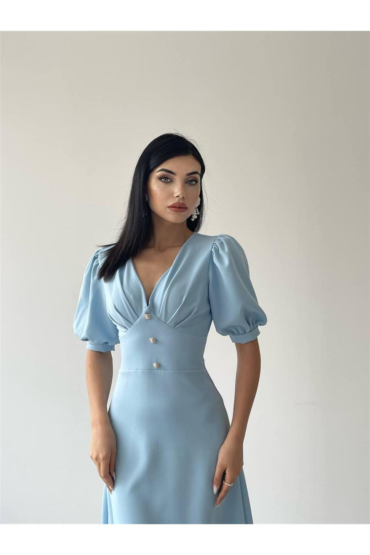 Linda Button Front Midi Dress - Baby Blue