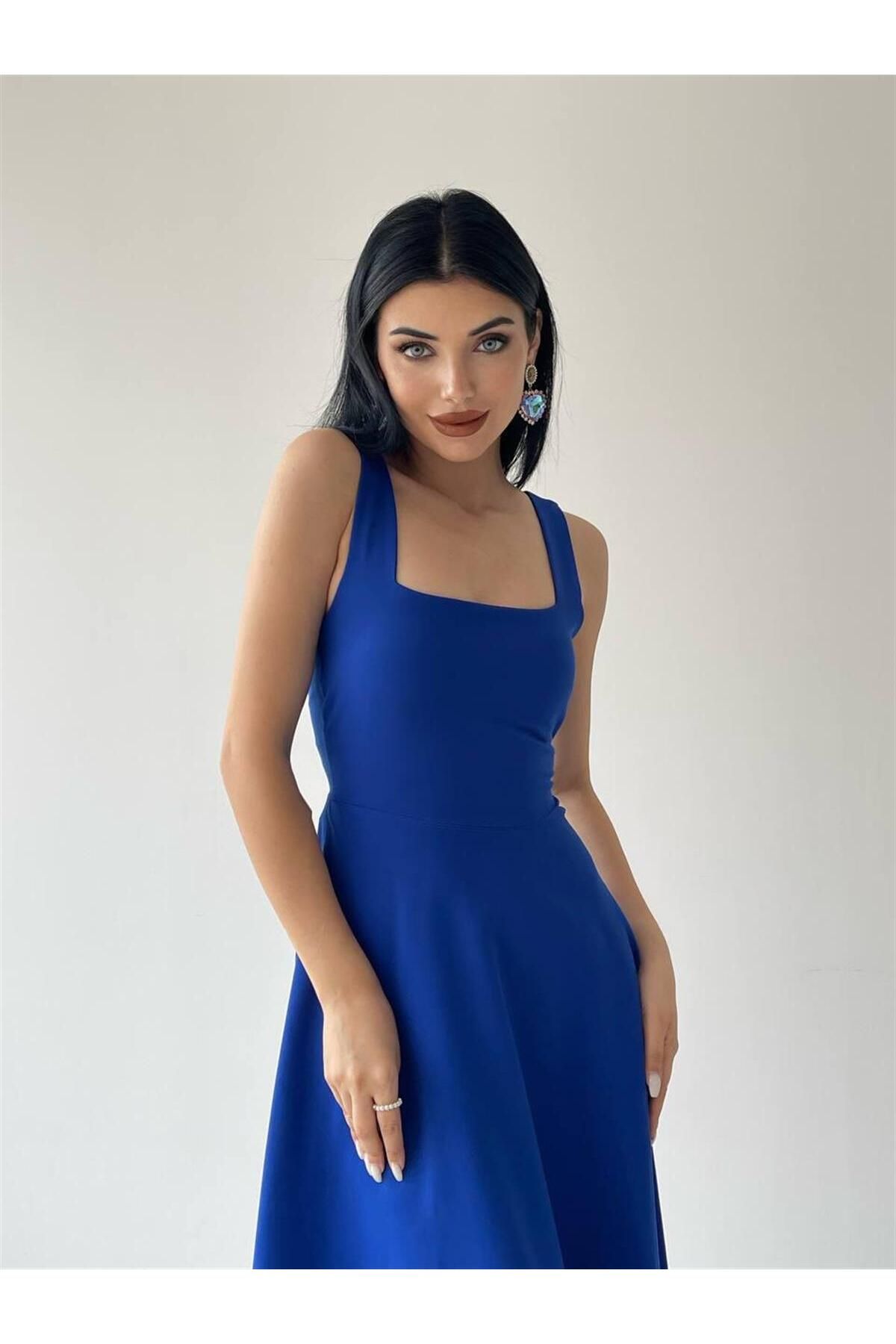 Calliope Square Neck Midi Length Dress - Blue