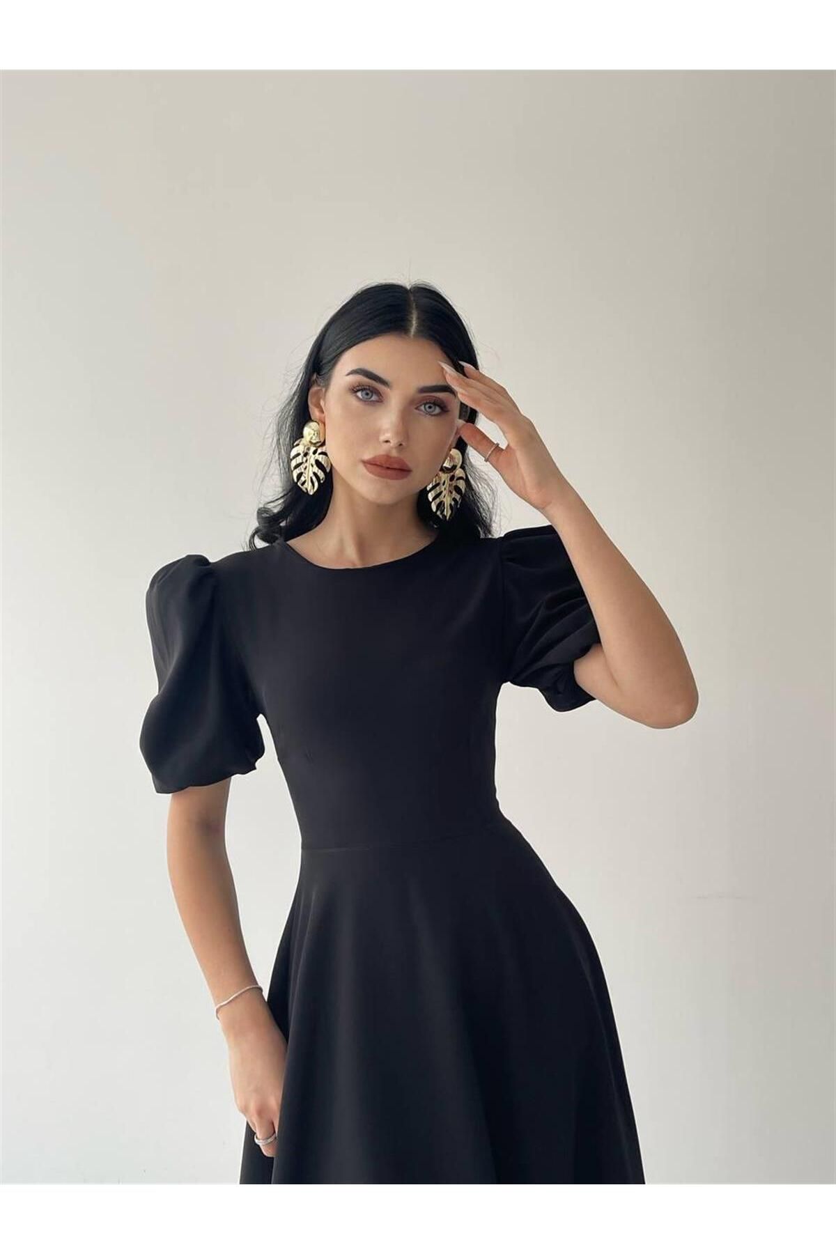 Viki Midi Length Flared Dress-4414 - Black