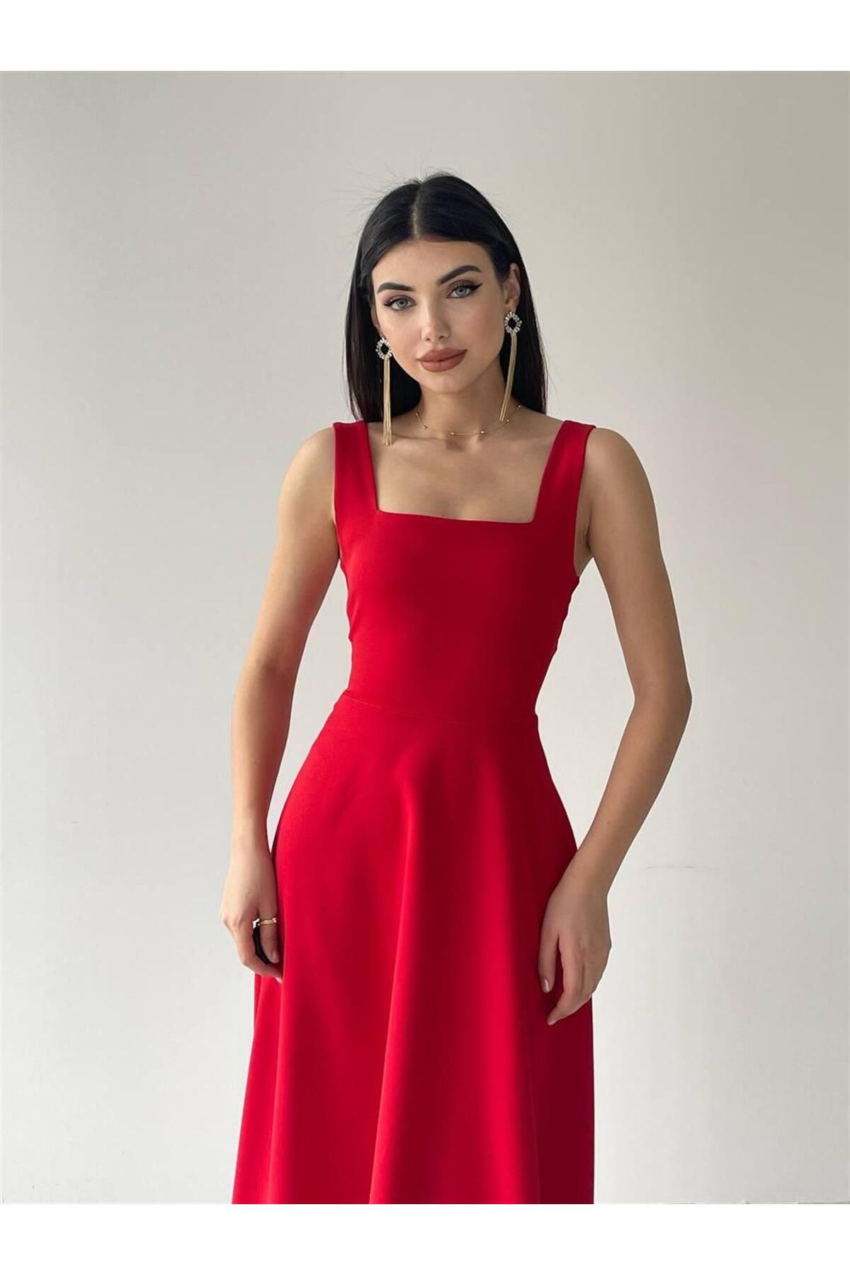 Colliope Square Neck Midi Length Dress -00037 - Red