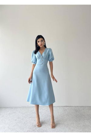 Linda Button Front Midi Dress - Baby Blue