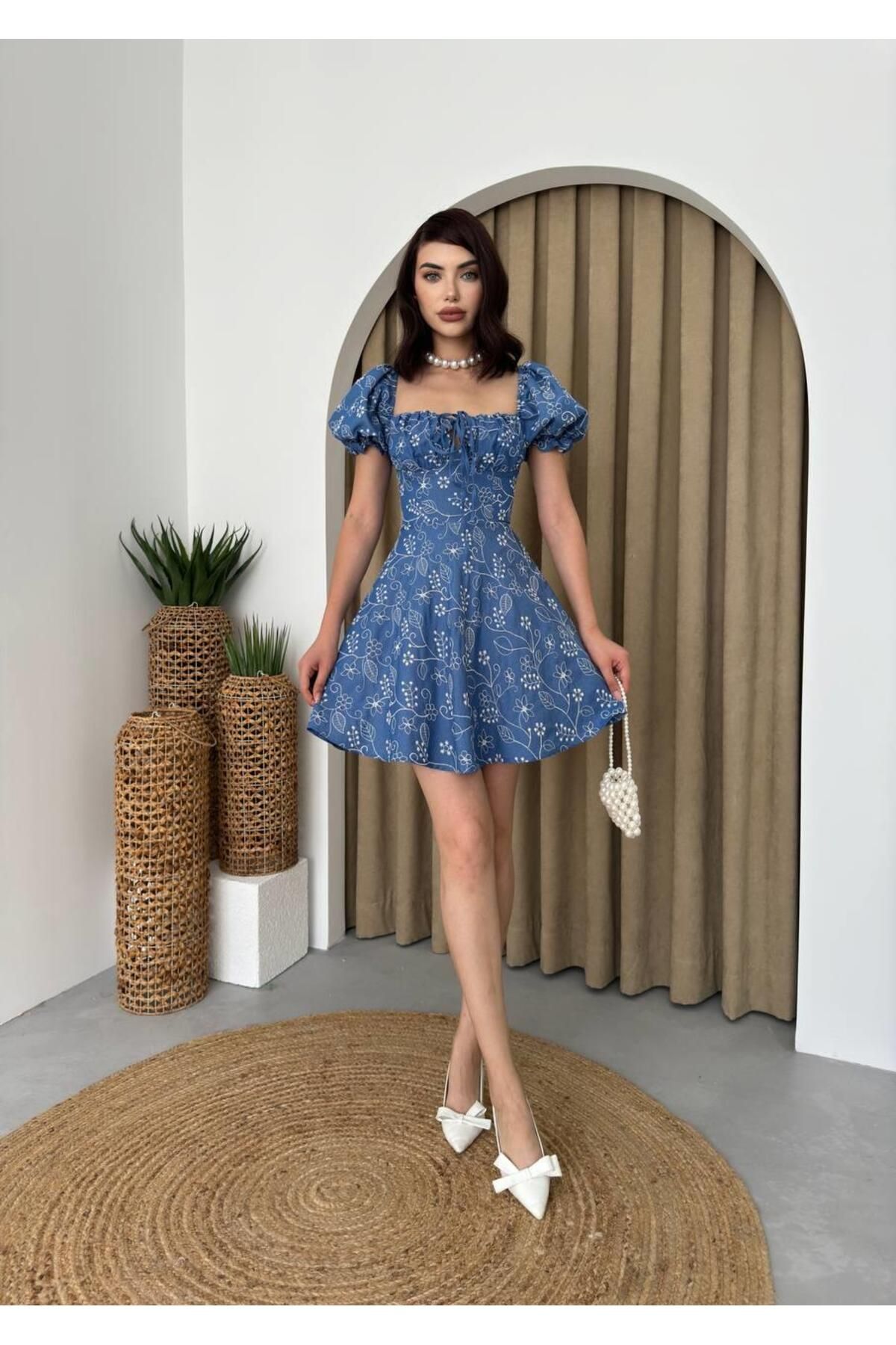 Embroidery Balloon Sleeve Mini Blue Dress