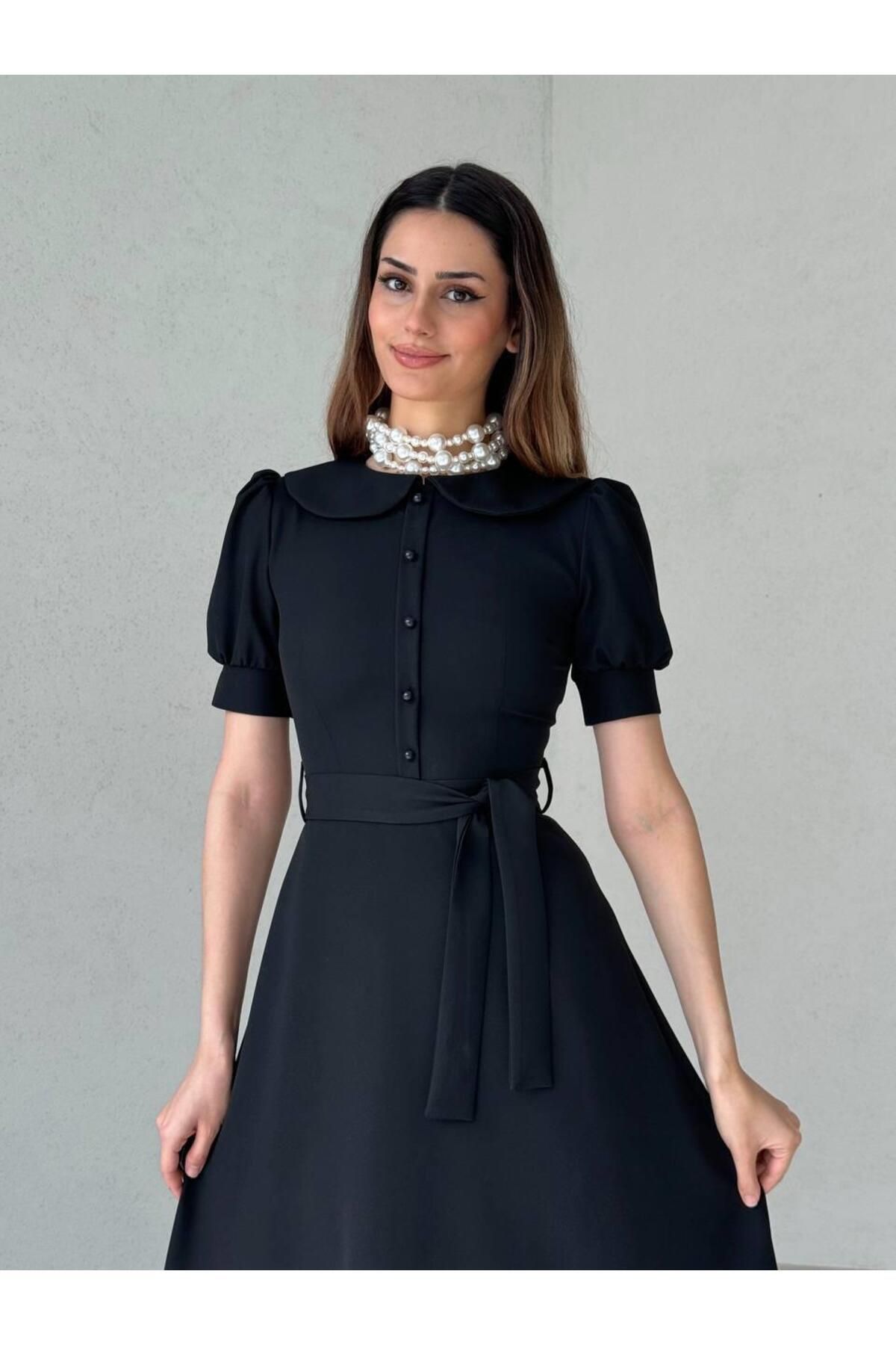 Baby Collar Buttoned Midi Atlas Dress