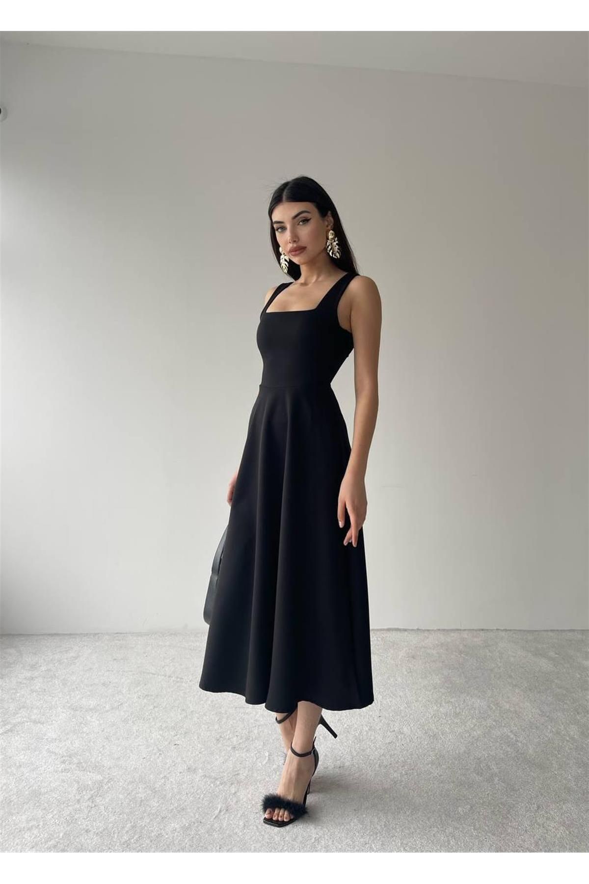 Colliope Square Neck Midi Length Dress -00037 - Black