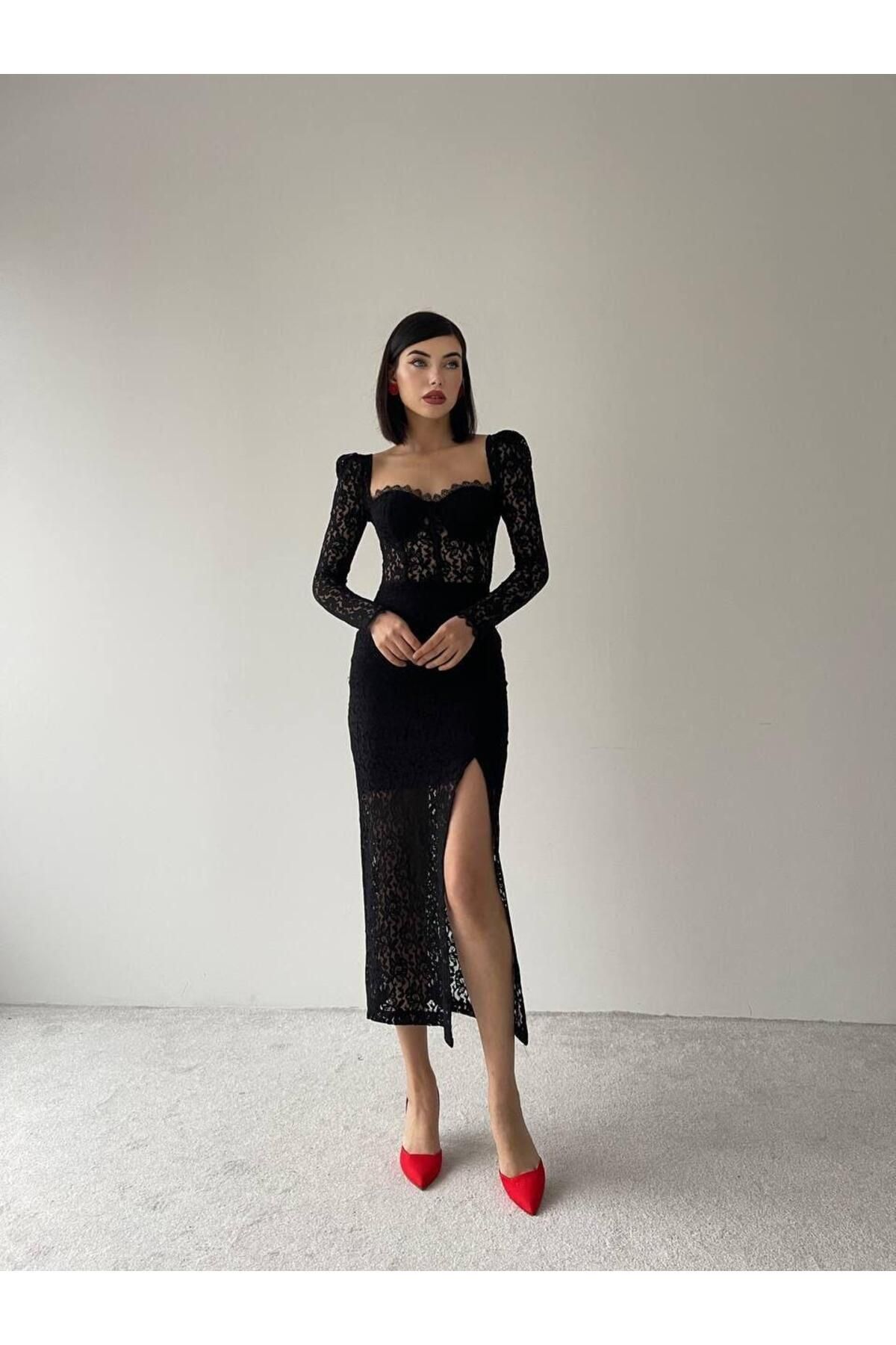 Iris Midi Glooped Lace Dress with Slits Black