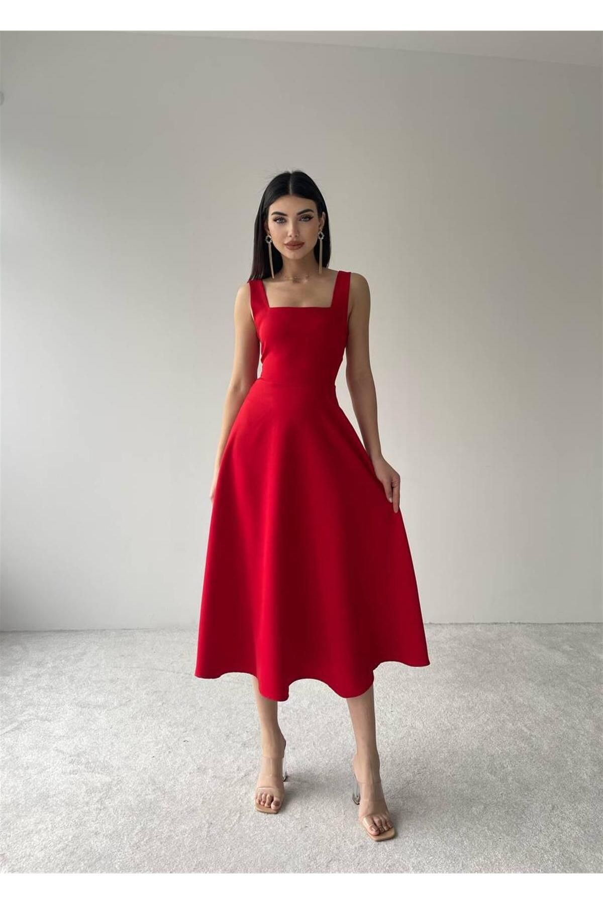 Colliope Square Neck Midi Length Dress -00037 - Red