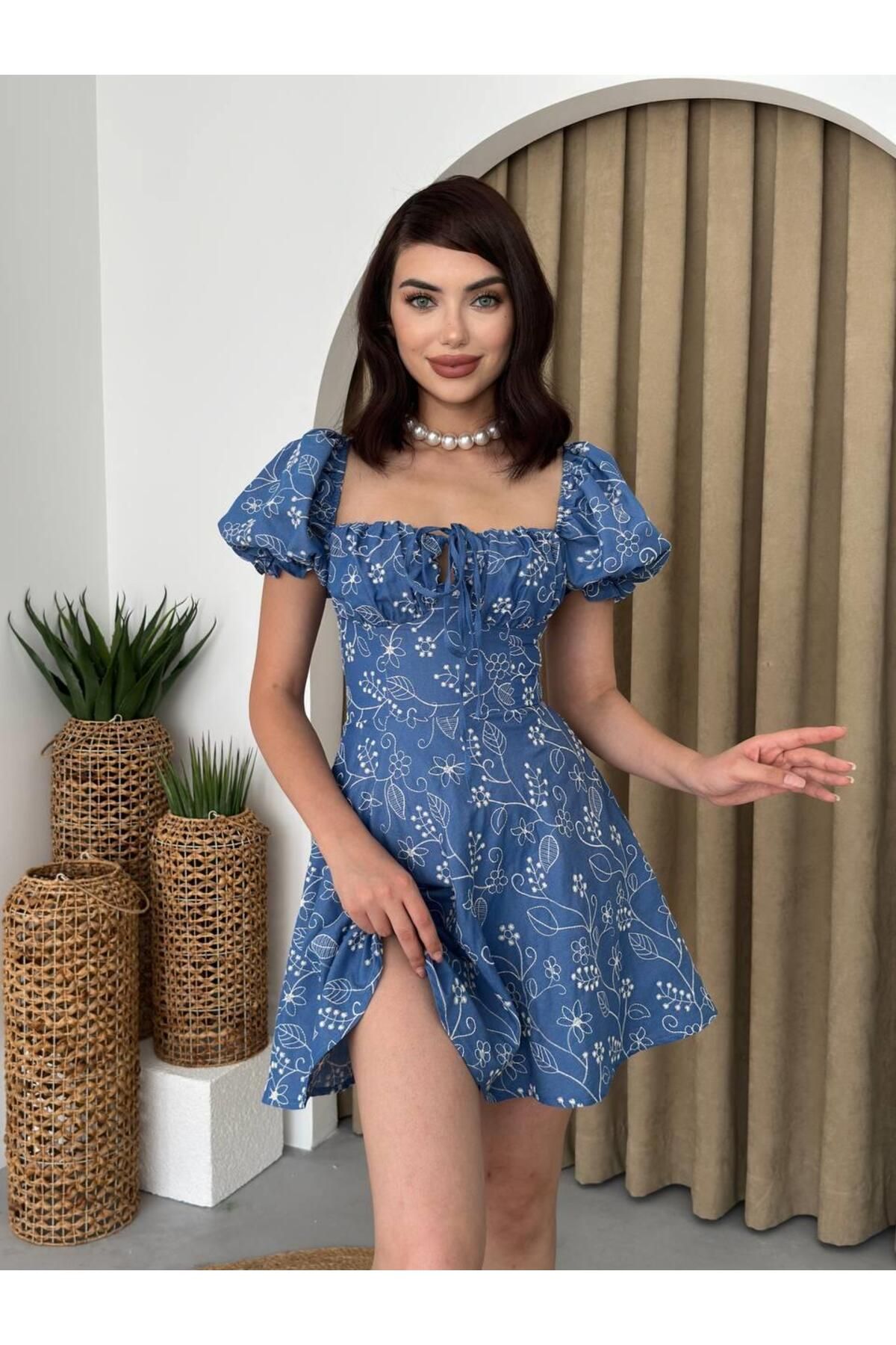 Embroidery Balloon Sleeve Mini Blue Dress