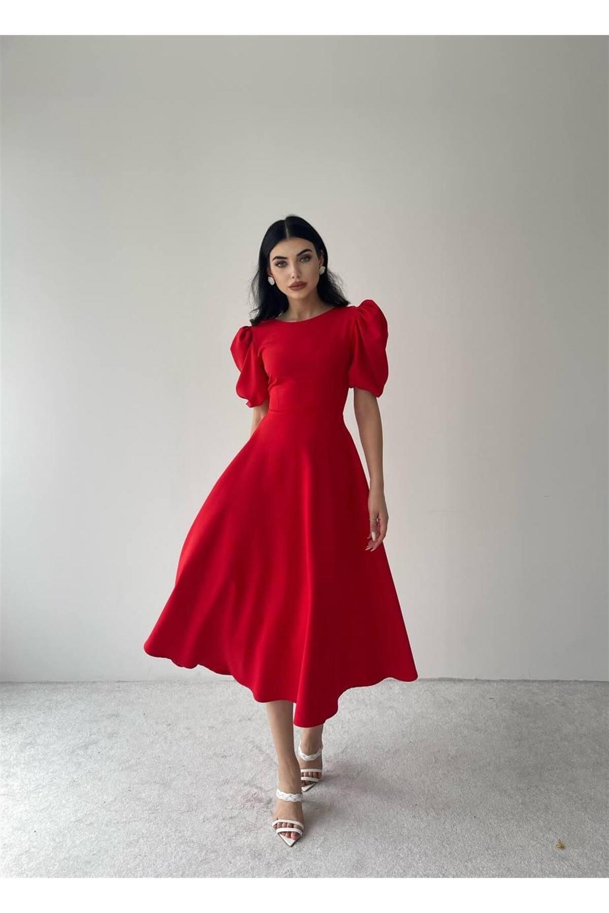 Viki Midi Length Flared Dress- 4414 - Red