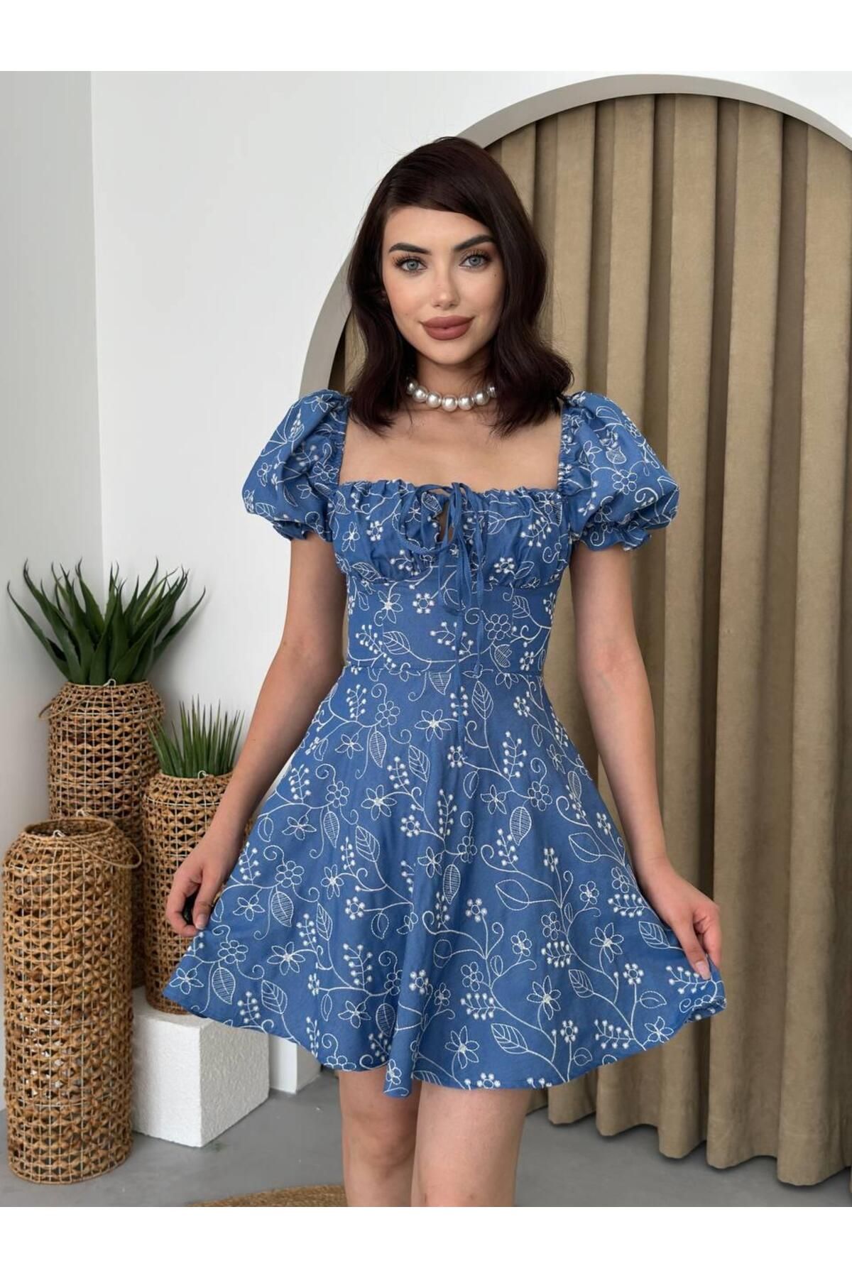 Embroidery Balloon Sleeve Mini Blue Dress