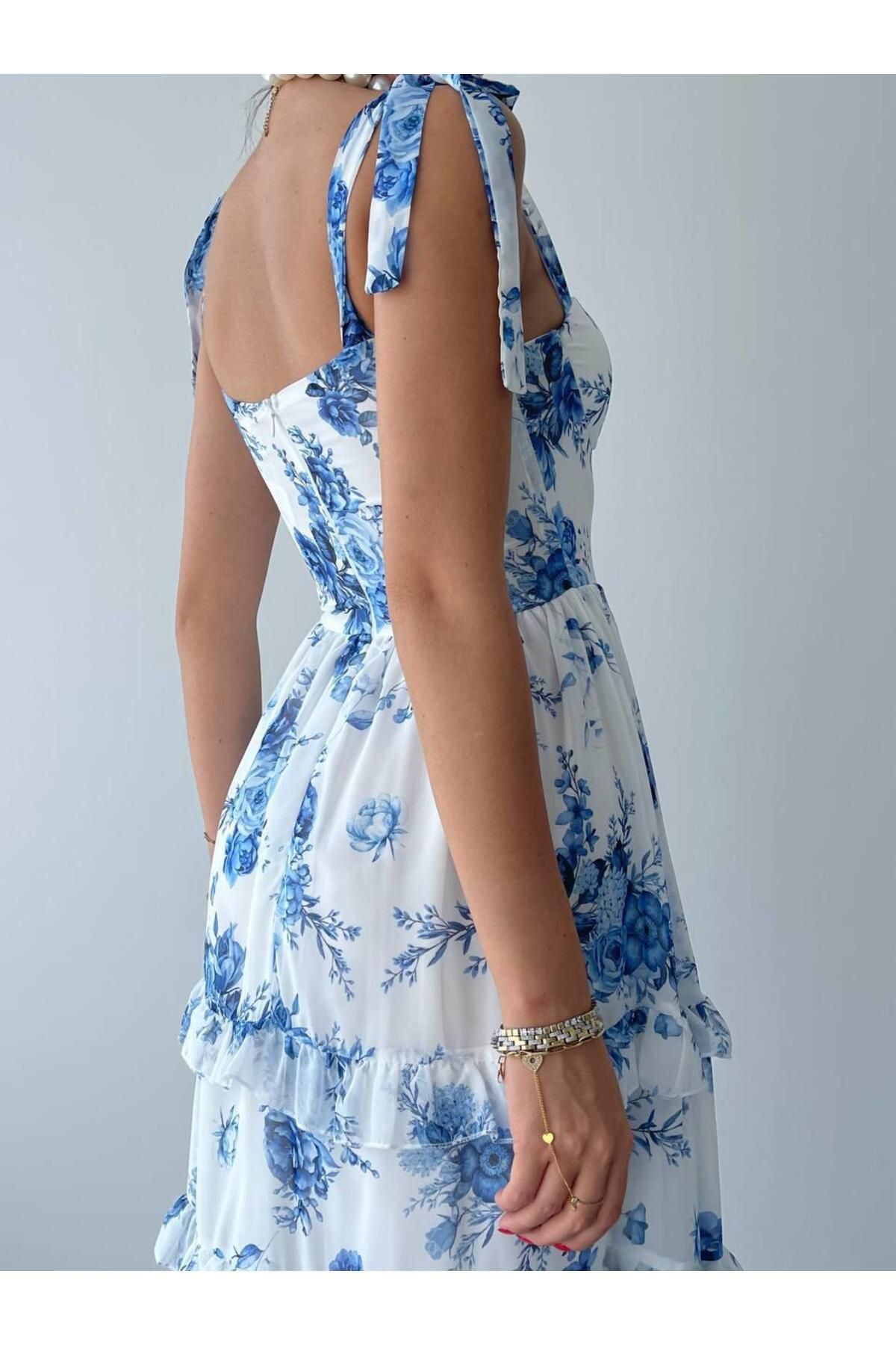 Chiffon Blue Floral Dress with Thick Straps