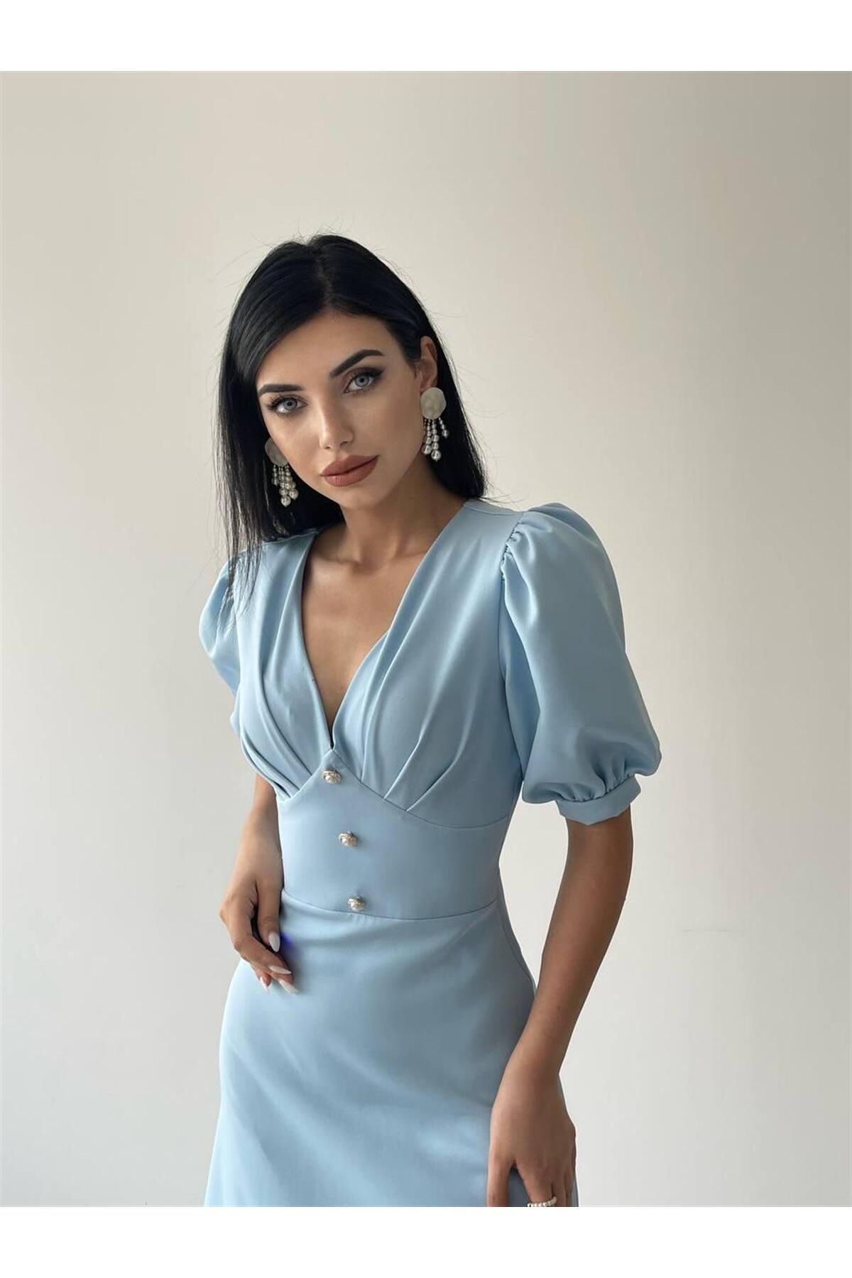 Linda Button Front Midi Dress - Baby Blue