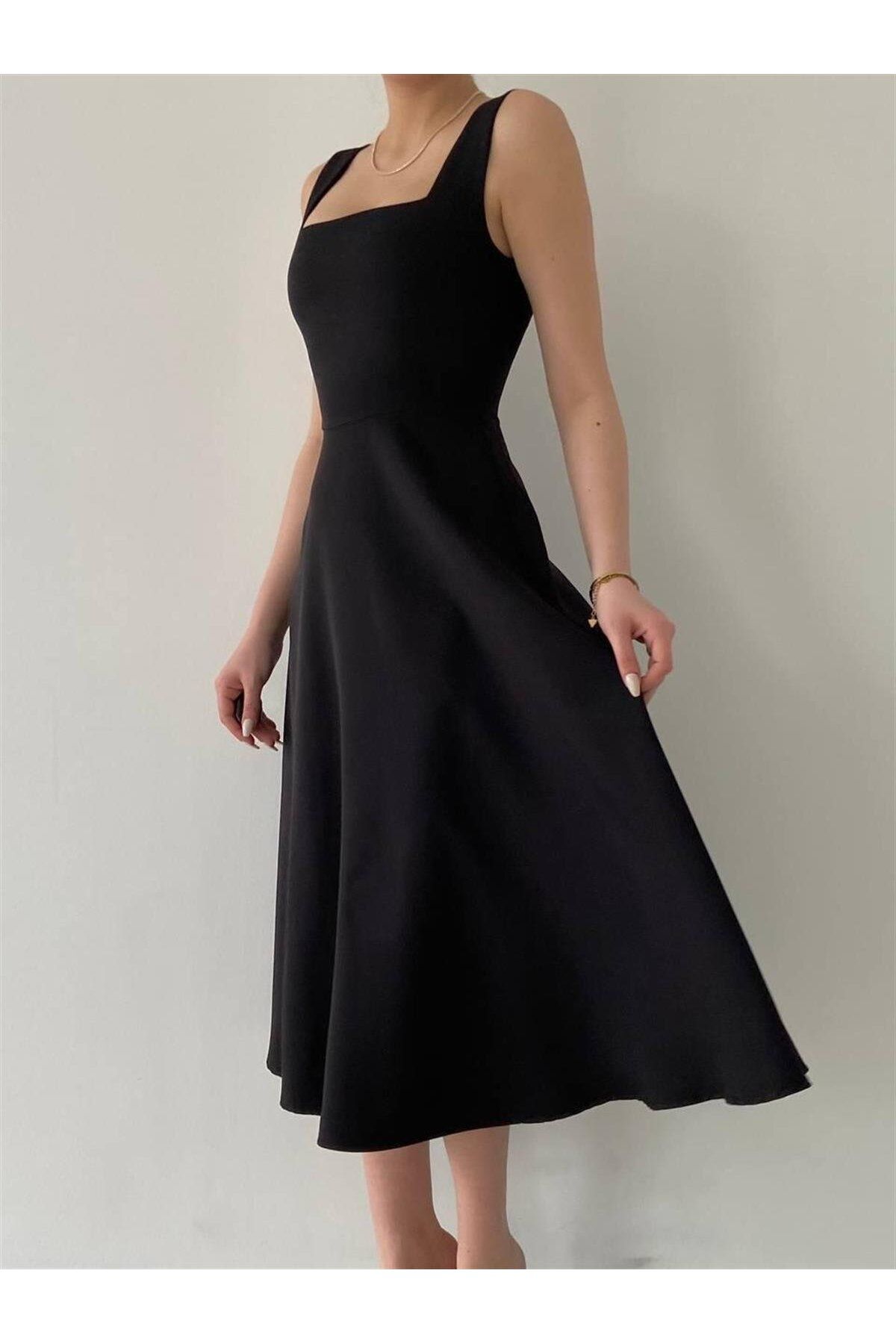 Colliope Square Neck Midi Length Dress -00037 - Black