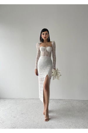 Iris Midi Glooped Lace Dress with Slits White