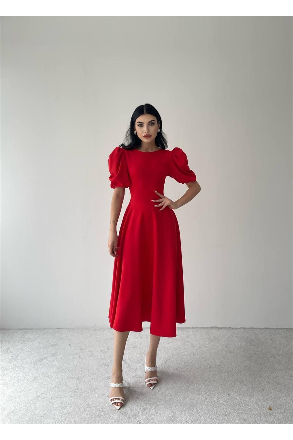 Viki Midi Length Flared Dress- 4414 - Red