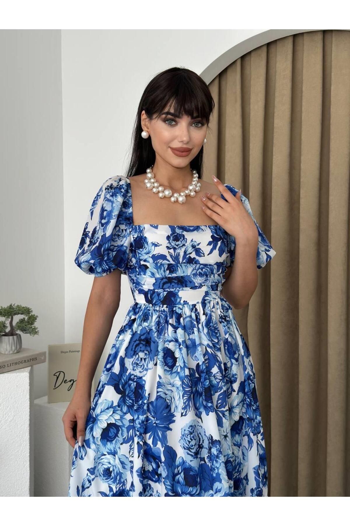 Balloon Sleeve Kiloşoş Blue Floral Midi Length Dress