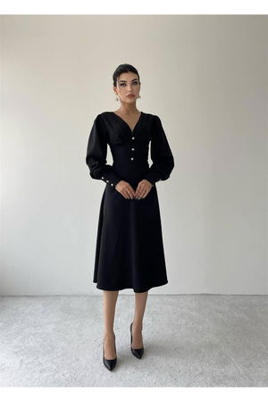 Casy Long Sleeve Button Detail Dress - Black