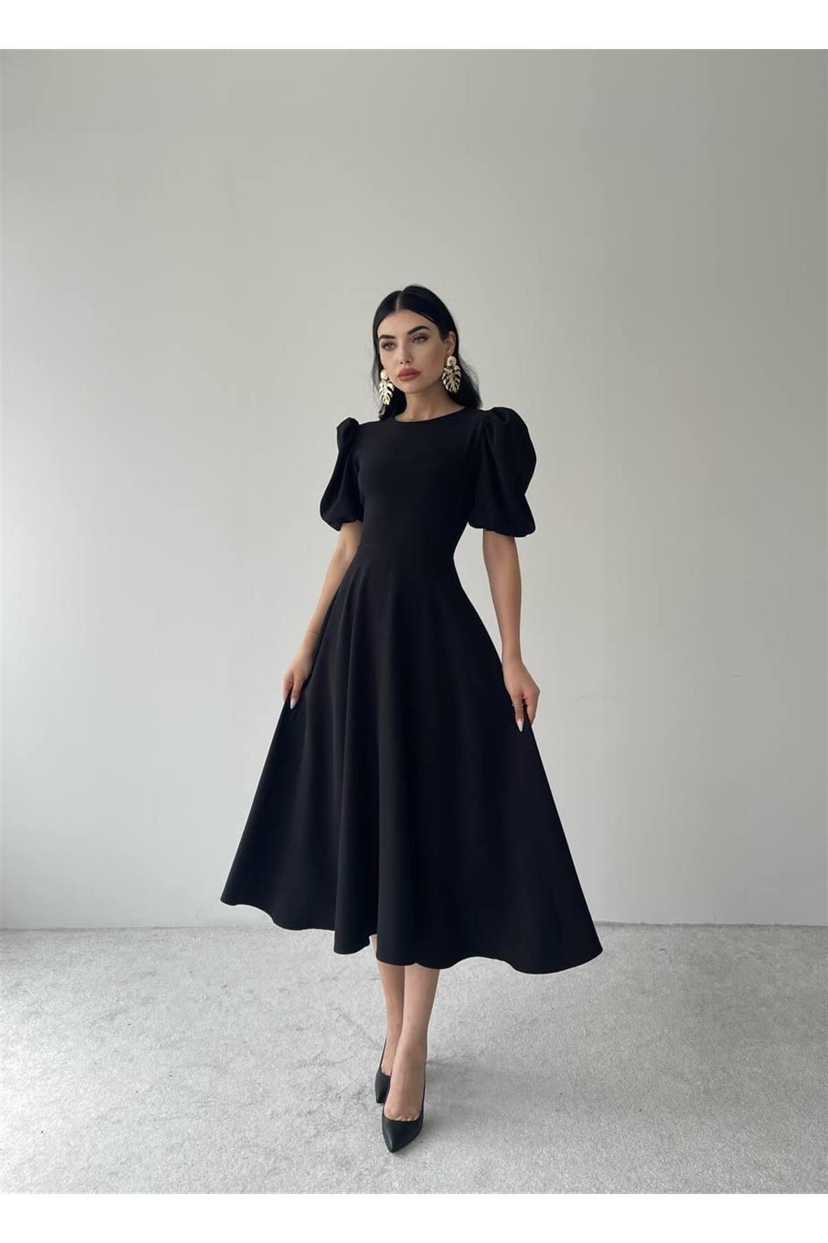 Viki Midi Length Flared Dress-4414 - Black