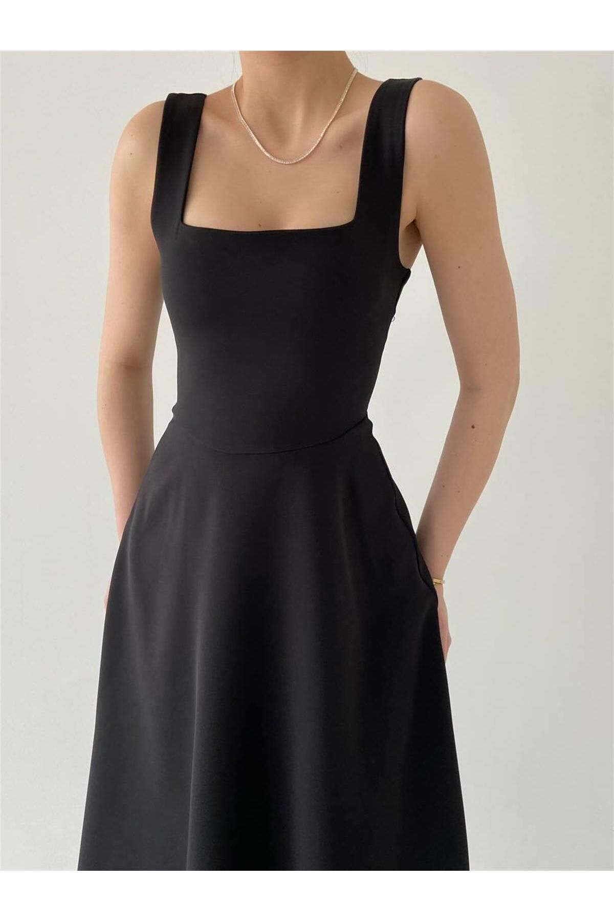 Colliope Square Neck Midi Length Dress -00037 - Black