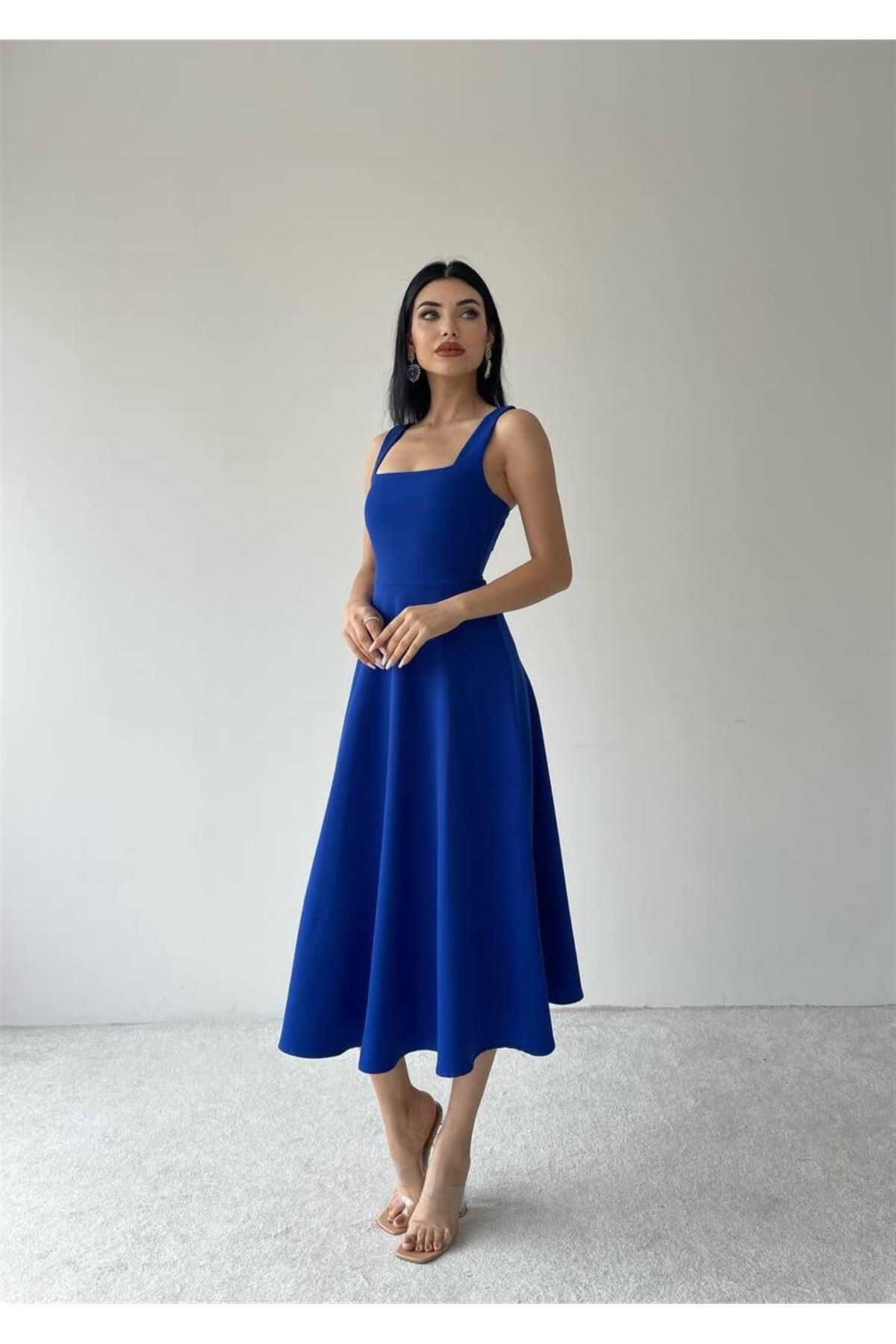 Calliope Square Neck Midi Length Dress - Blue