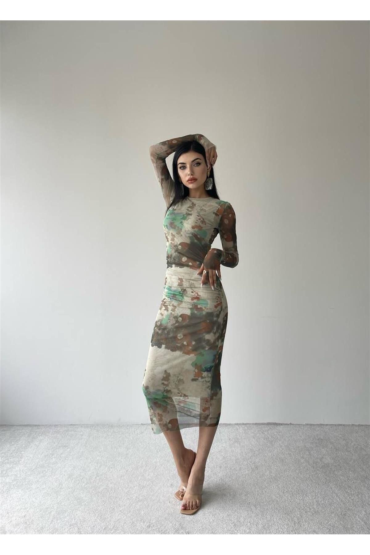 Stretch Midi Long Sleeve Dress Green