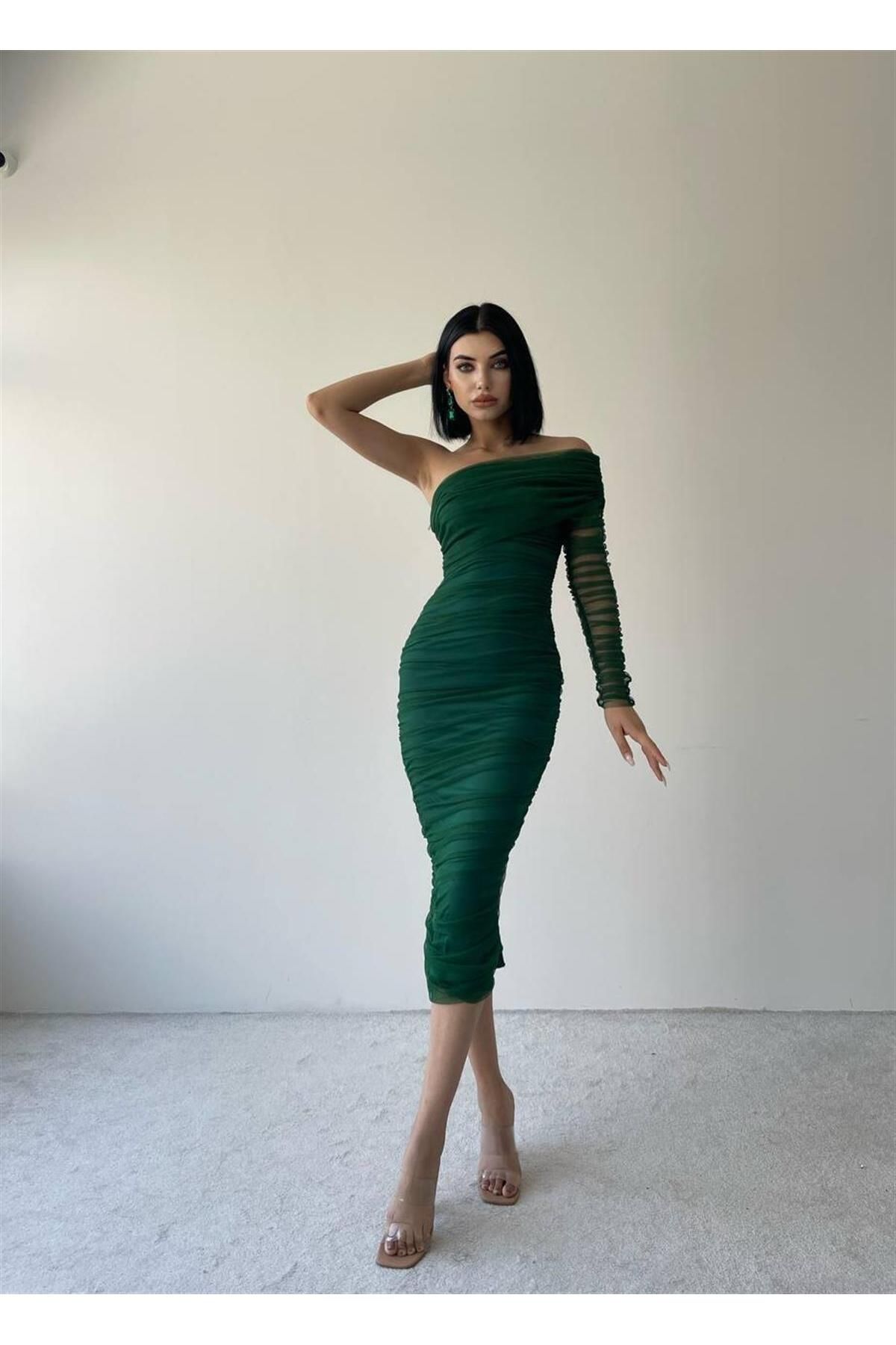 One Sleeve Draped Tulle Dress - Green