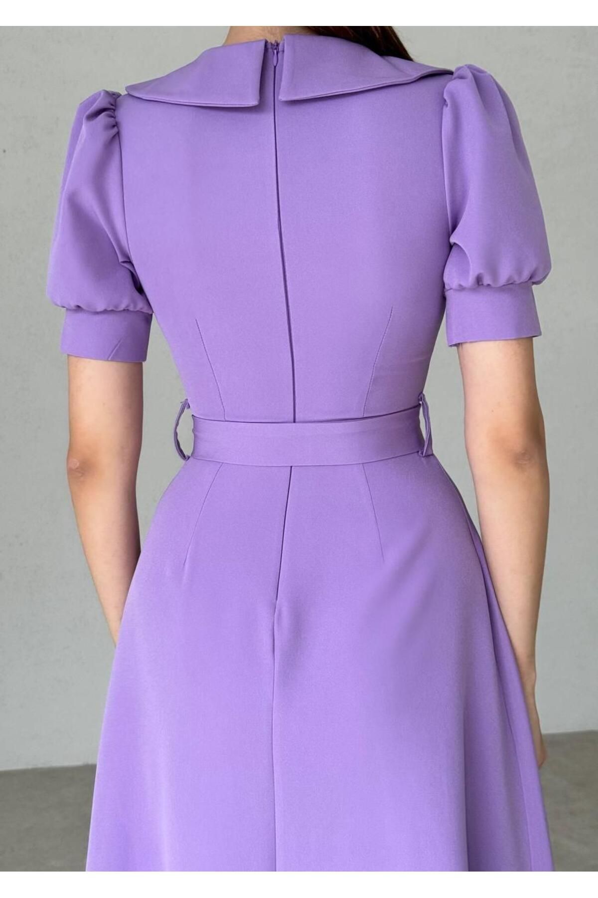 Baby Collar Buttoned Midi Atlas Dress