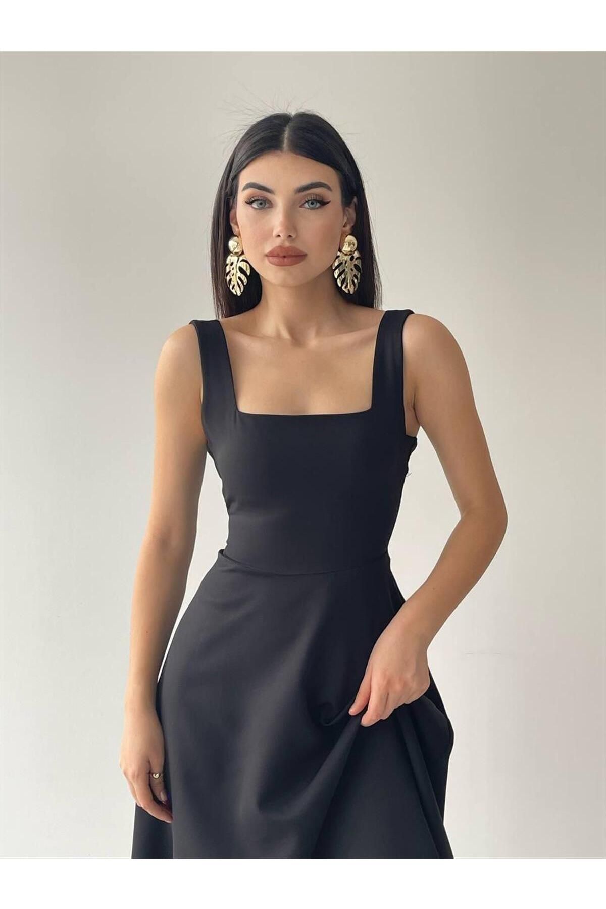 Colliope Square Neck Midi Length Dress -00037 - Black