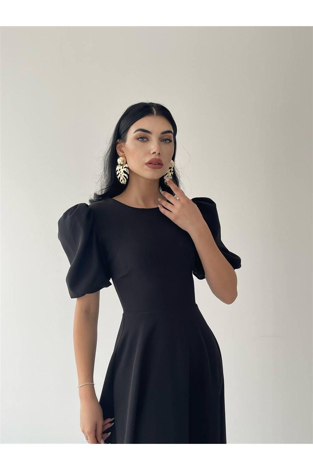 Viki Midi Length Flared Dress-4414 - Black