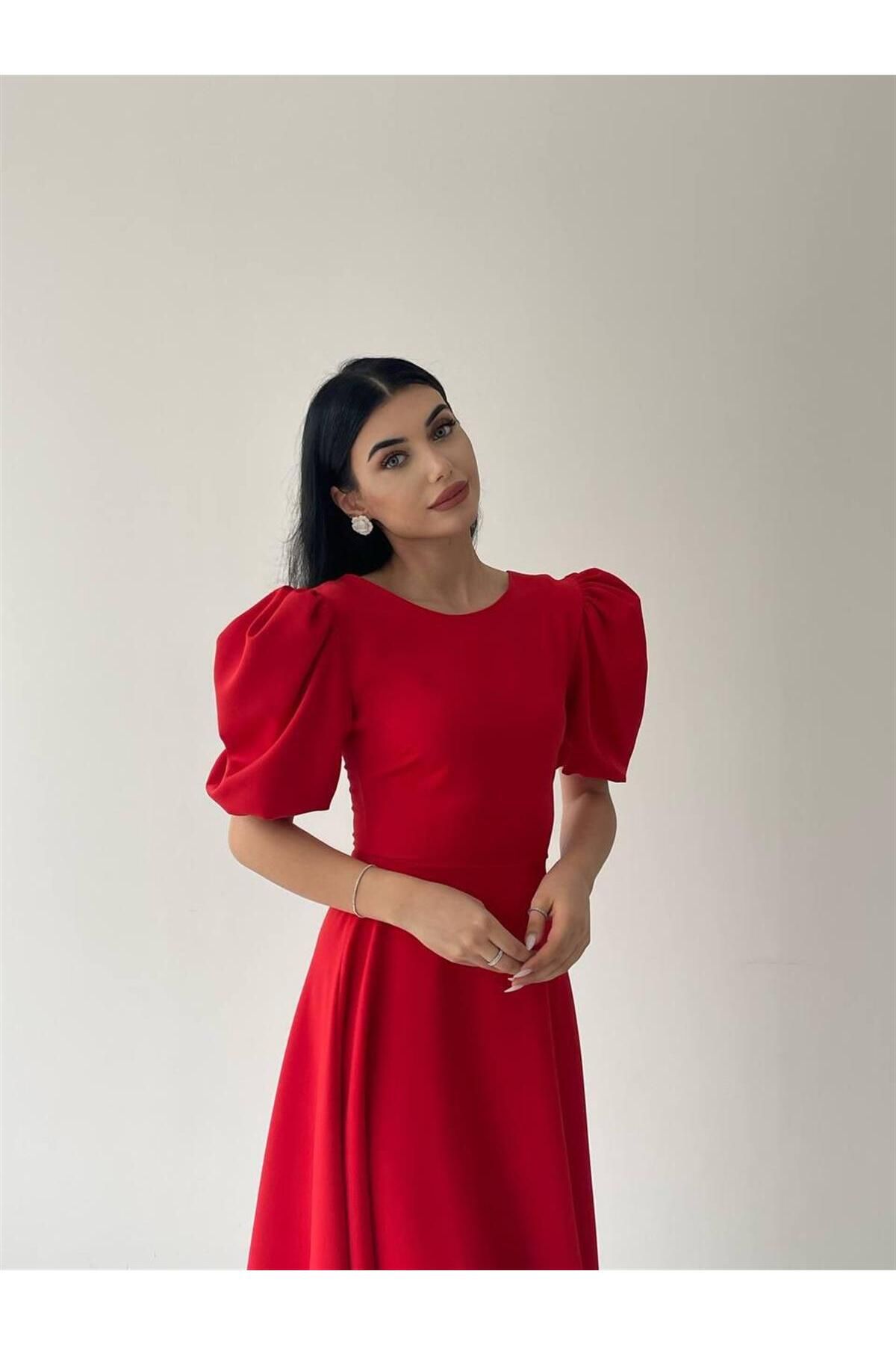 Viki Midi Length Flared Dress- 4414 - Red