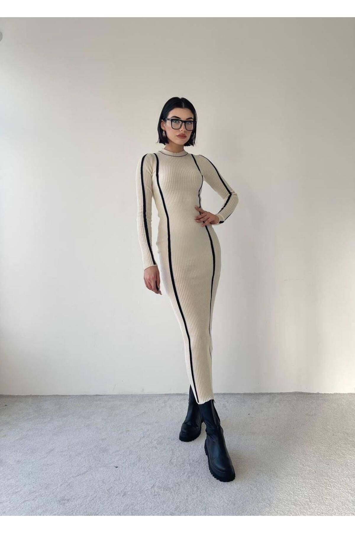 Kamilla Triko Midi Elbise - Cream