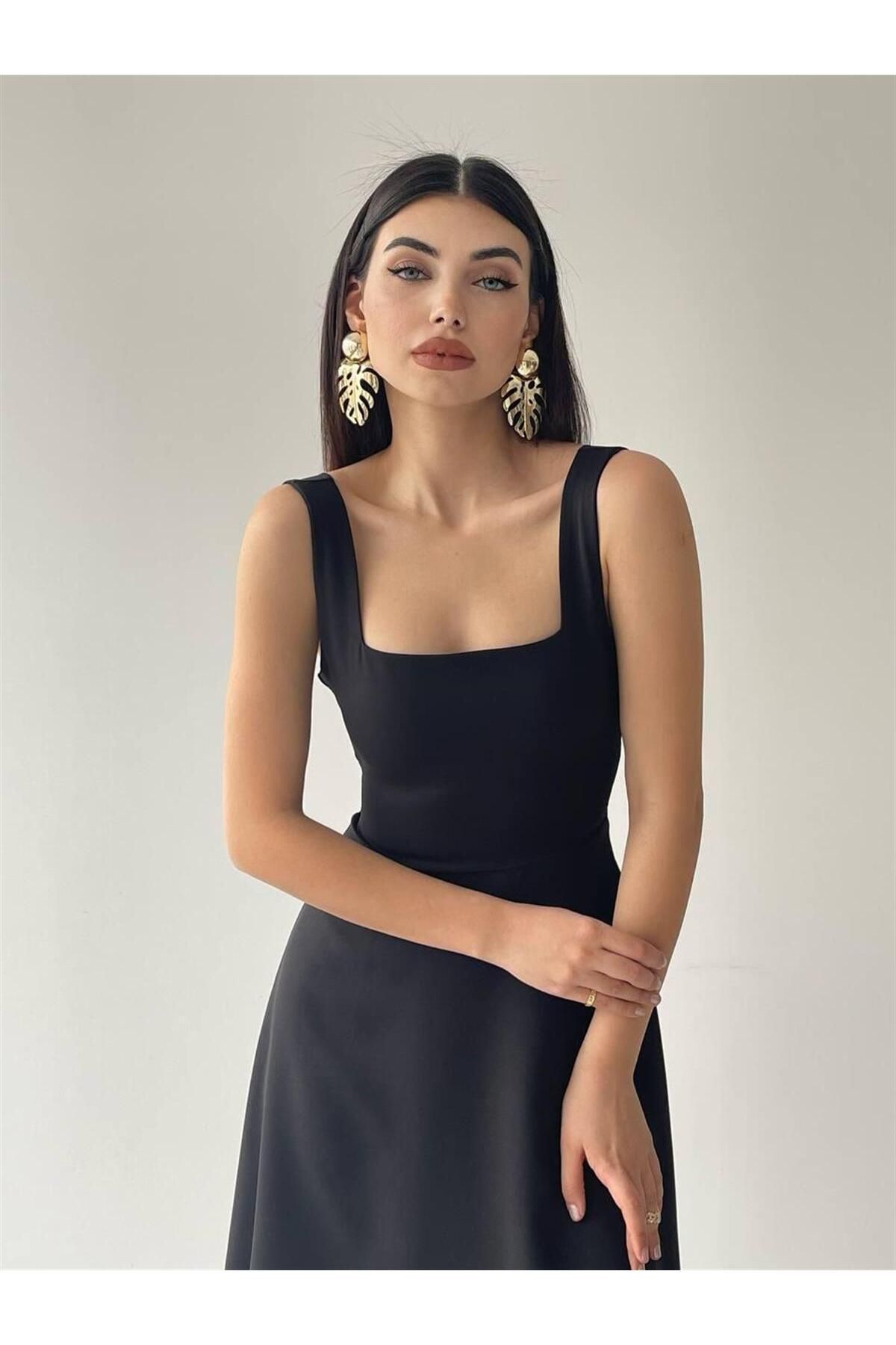 Colliope Square Neck Midi Length Dress -00037 - Black