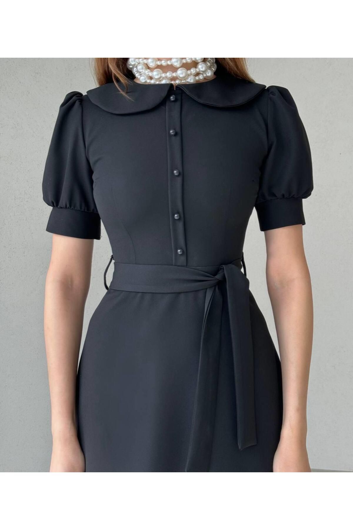 Baby Collar Buttoned Midi Atlas Dress