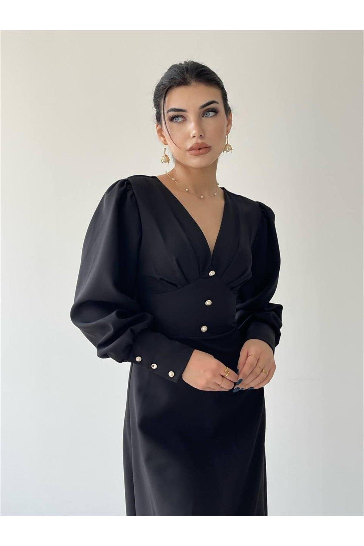 Casy Long Sleeve Button Detail Dress - Black