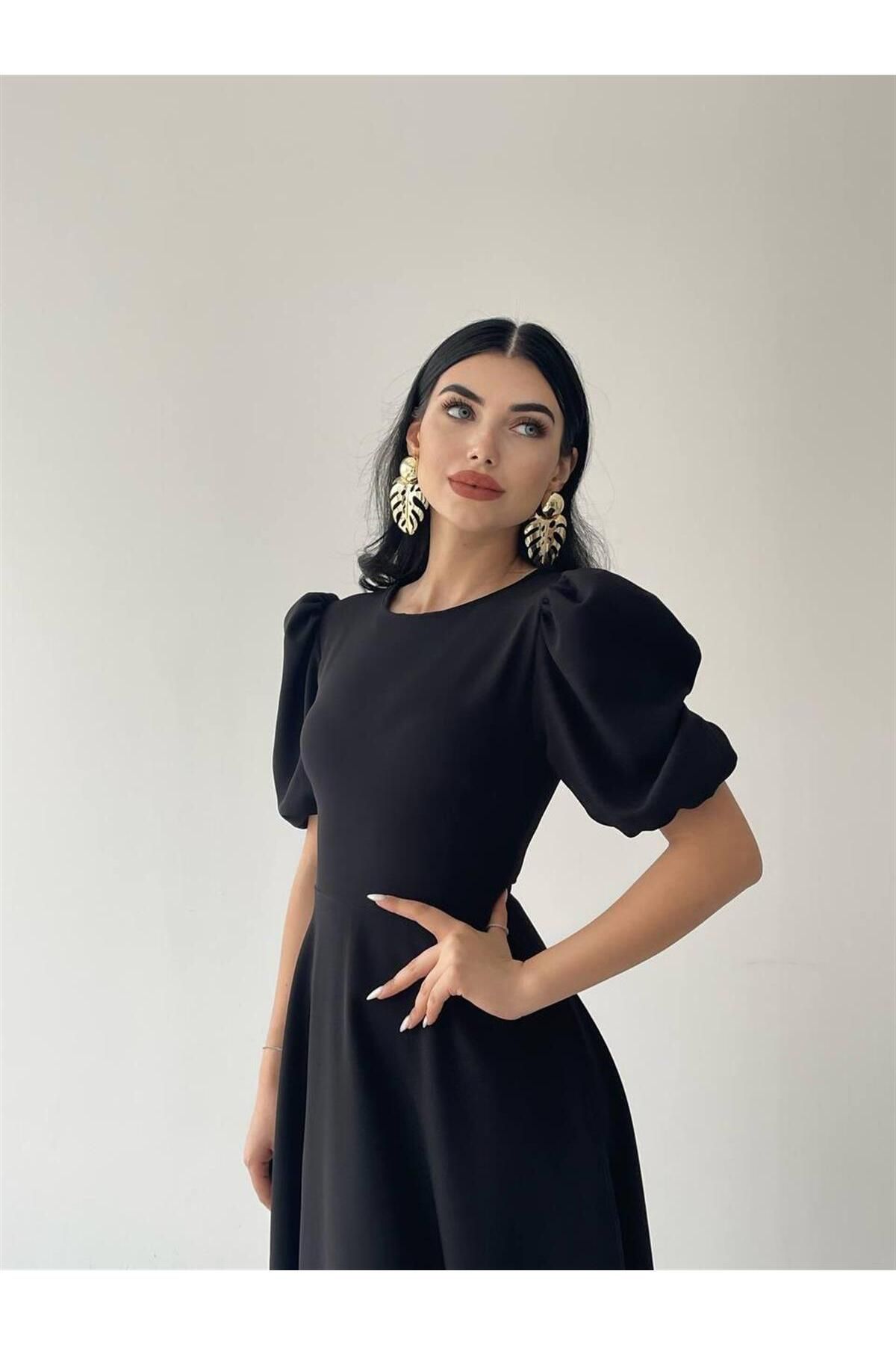 Viki Midi Length Flared Dress-4414 - Black