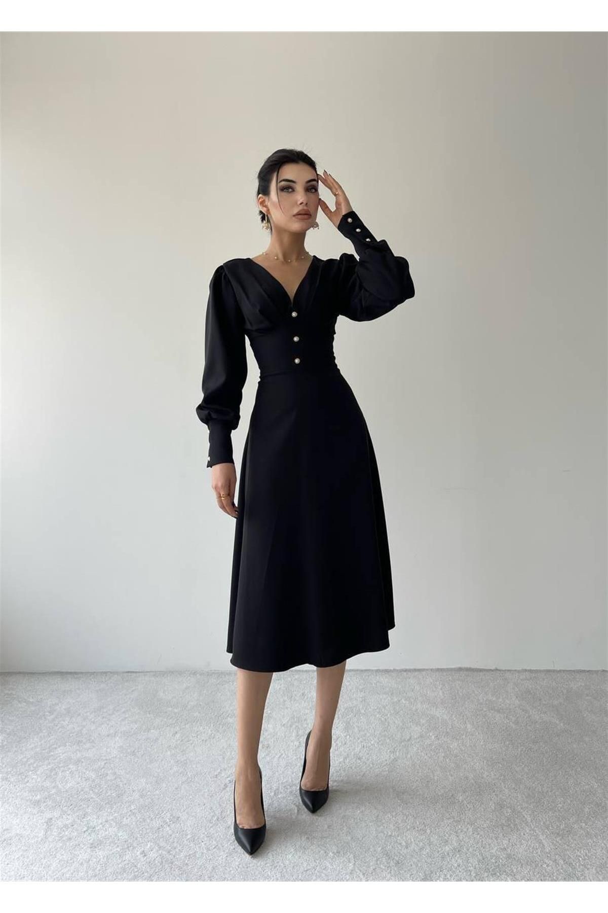 Casy Long Sleeve Button Detail Dress - Black