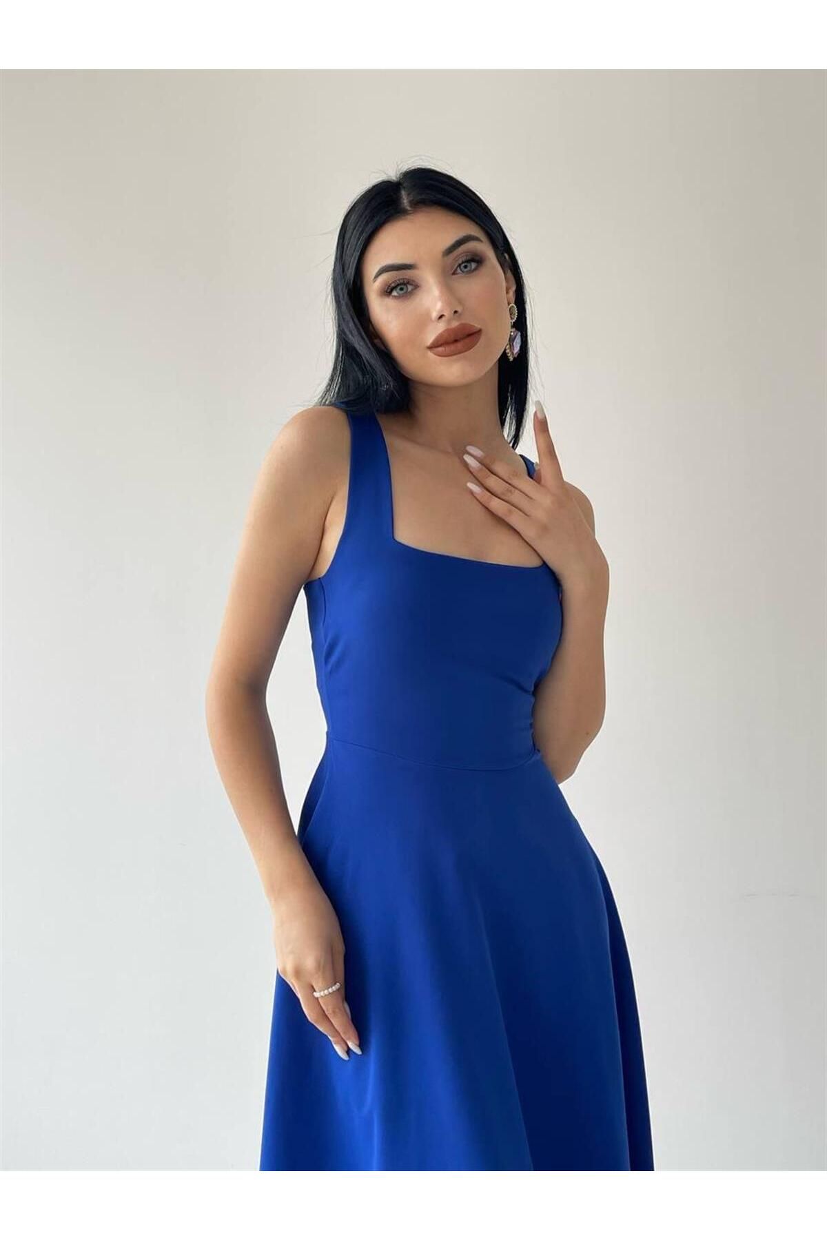 Calliope Square Neck Midi Length Dress - Blue