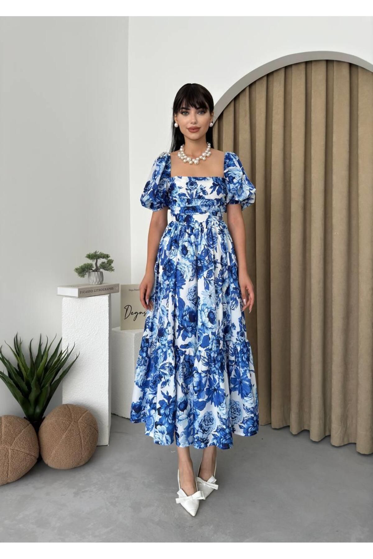 Balloon Sleeve Kiloşoş Blue Floral Midi Length Dress