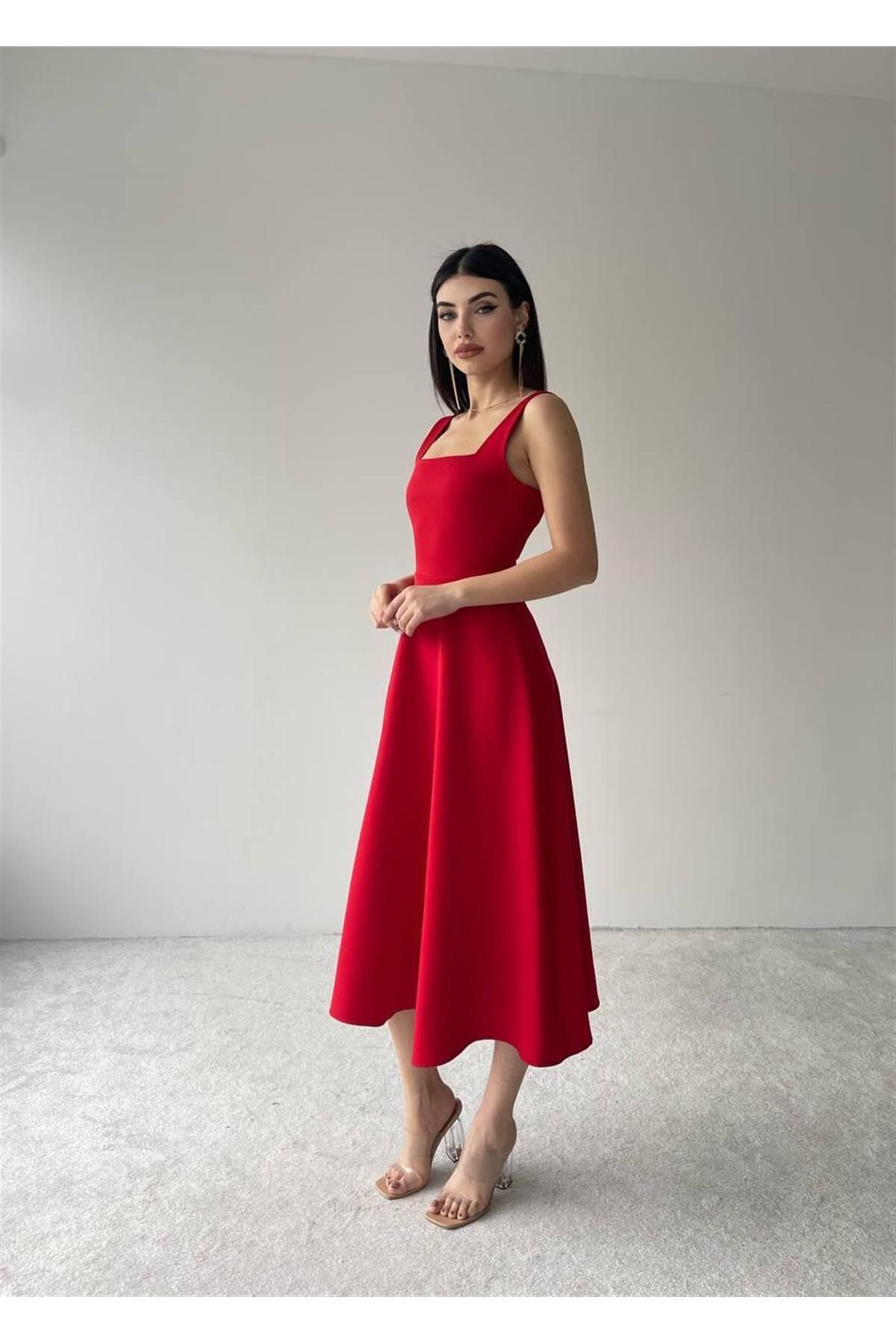 Colliope Square Neck Midi Length Dress -00037 - Red