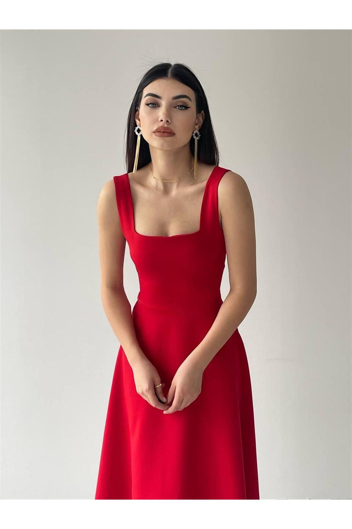 Colliope Square Neck Midi Length Dress -00037 - Red