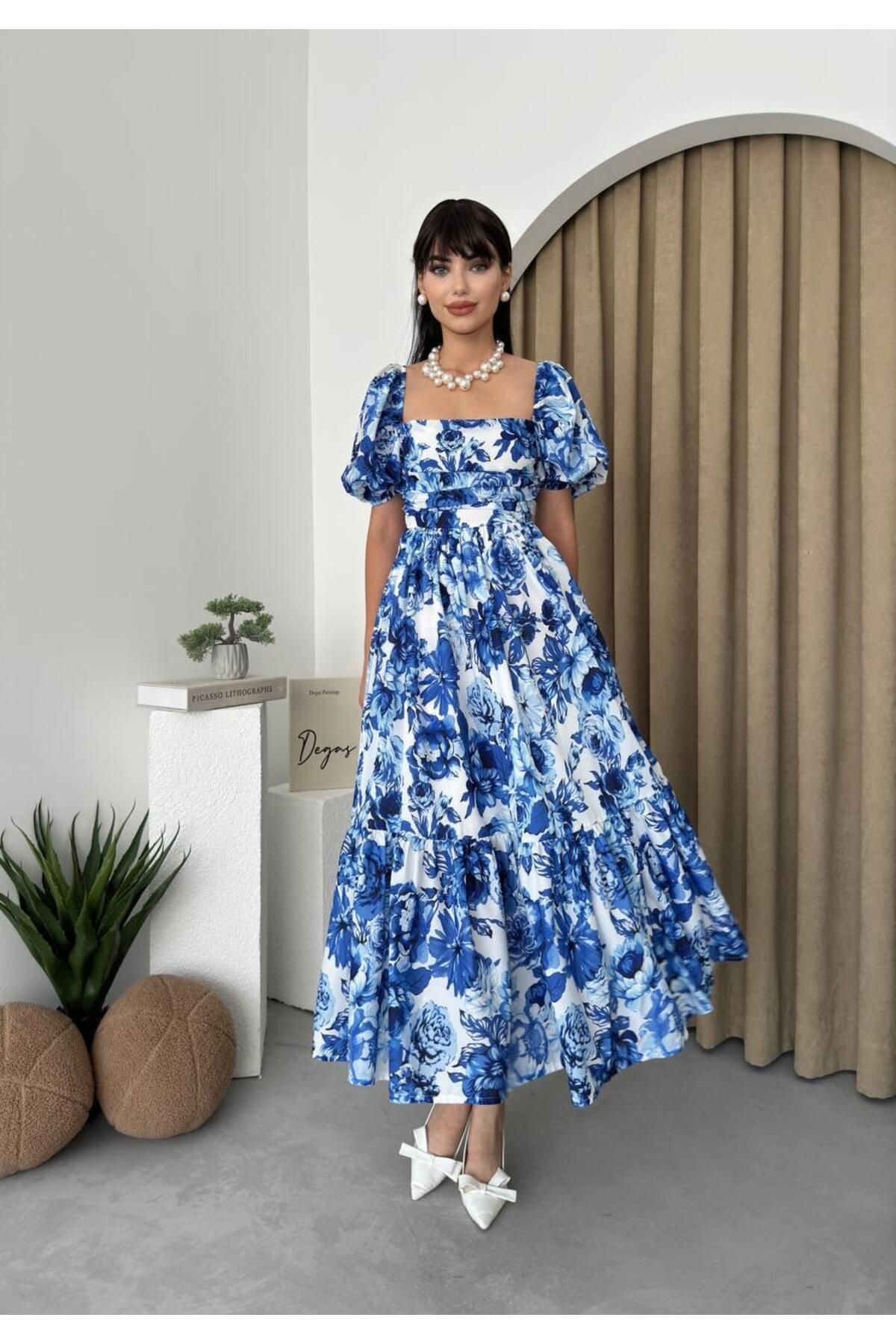 Balloon Sleeve Kiloşoş Blue Floral Midi Length Dress