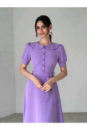 Baby Collar Buttoned Midi Atlas Dress