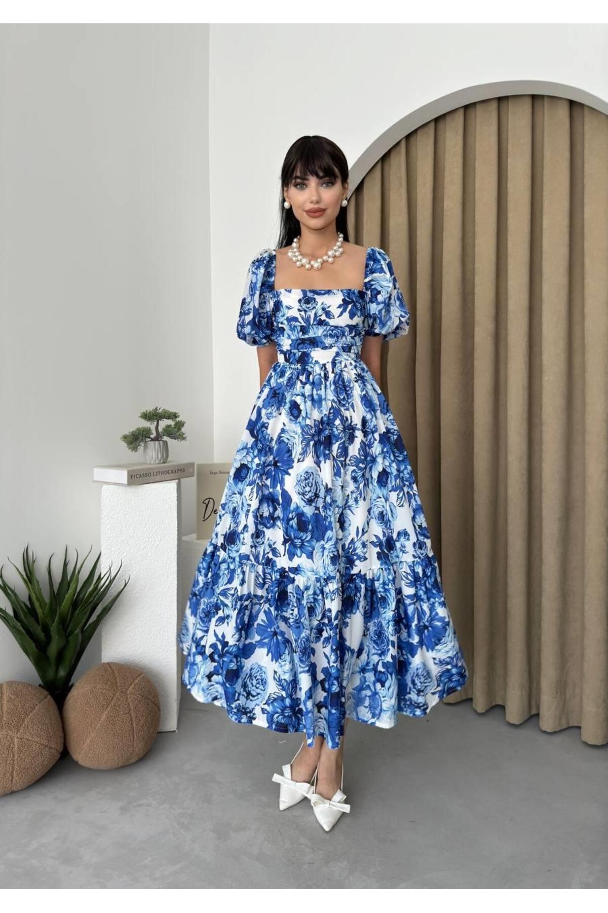 Balloon Sleeve Kiloşoş Blue Floral Midi Length Dress