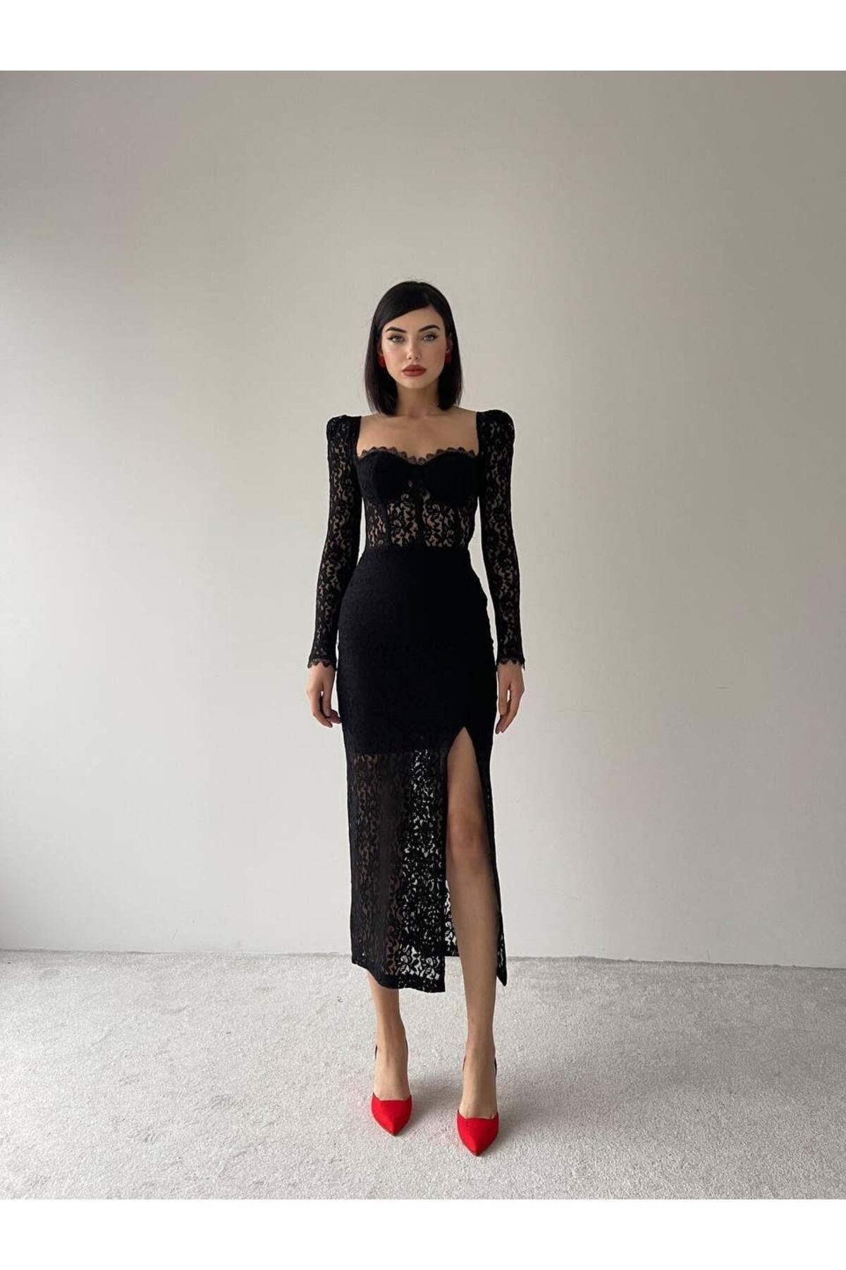 Iris Midi Glooped Lace Dress with Slits Black