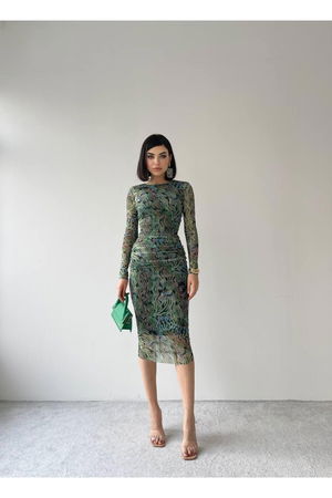 Clover Green Midi Patterned Stretch Dress