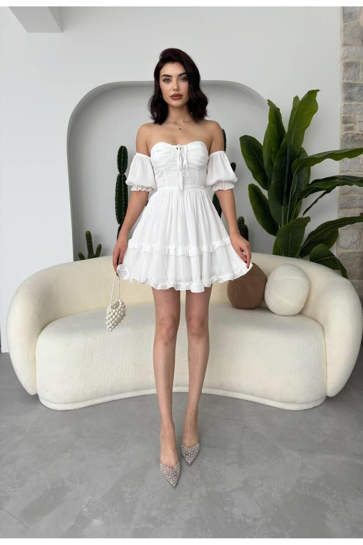 Lady Low Sleeve Chiffon Mini Gloped Dress