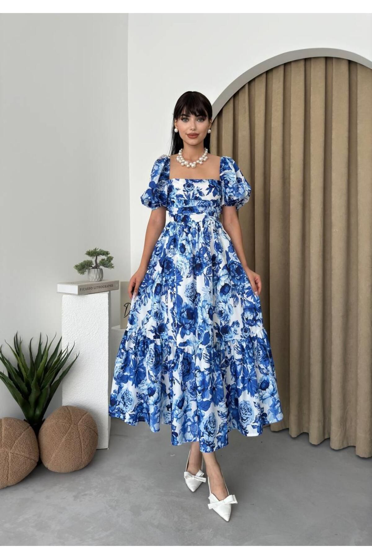 Balloon Sleeve Kiloşoş Blue Floral Midi Length Dress